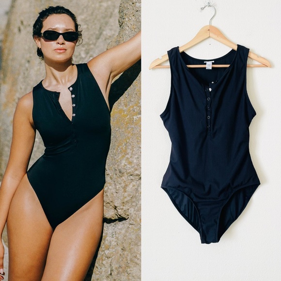 Andie Other - Andie XL The Malibu full coverage black henley neck ribbed one piece swimsuit